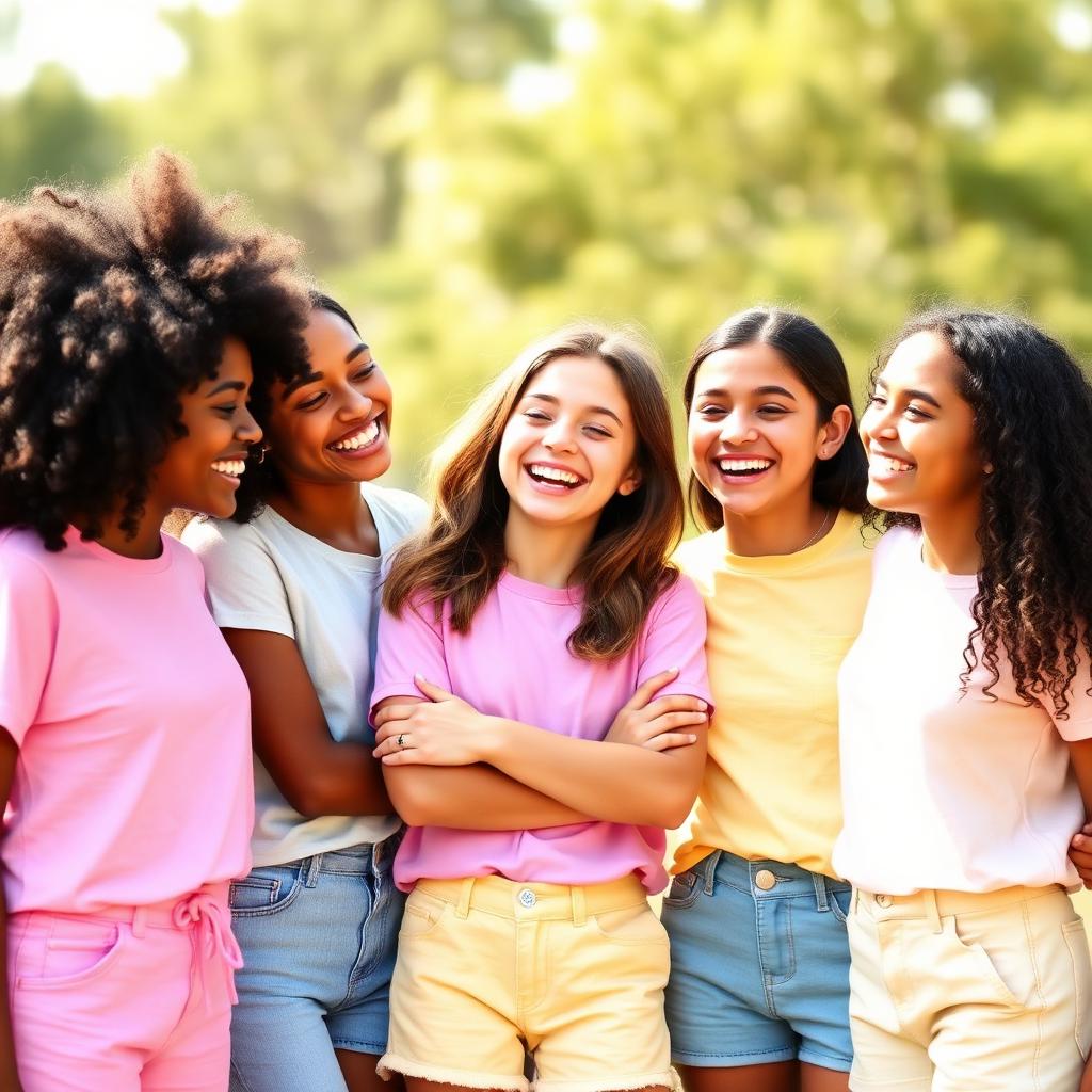 Diverse group of happy teen girls laughing together