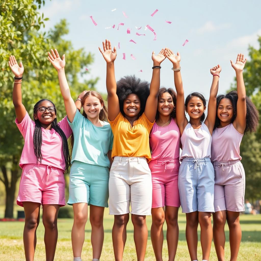 Teen girls jumping with joy in a sunny park